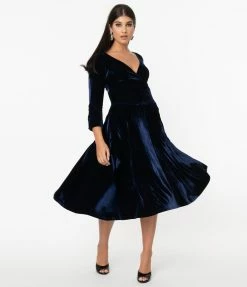 Unique Vintage Navy Velvet Gilda Swing Dress