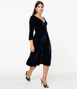 Unique Vintage Navy Velvet Gilda Swing Dress