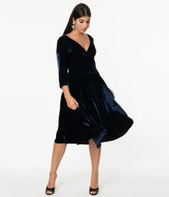 Unique Vintage Navy Velvet Gilda Swing Dress
