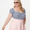 Sale Unique Vintage Plus Size Blue Gingham Print Loretta Top