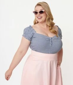 Sale Unique Vintage Plus Size Blue Gingham Print Loretta Top