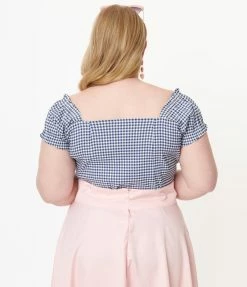 Sale Unique Vintage Plus Size Blue Gingham Print Loretta Top