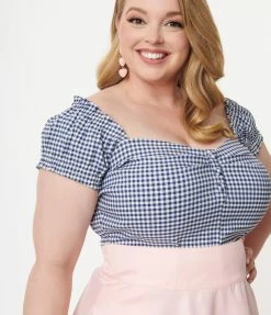 Sale Unique Vintage Plus Size Blue Gingham Print Loretta Top