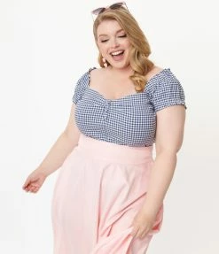 Sale Unique Vintage Plus Size Blue Gingham Print Loretta Top