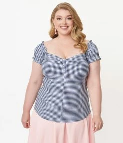 Sale Unique Vintage Plus Size Blue Gingham Print Loretta Top
