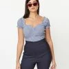 Unique Vintage Blue Gingham Print Loretta Top Sale
