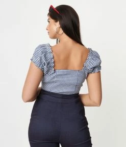 Unique Vintage Blue Gingham Print Loretta Top Sale
