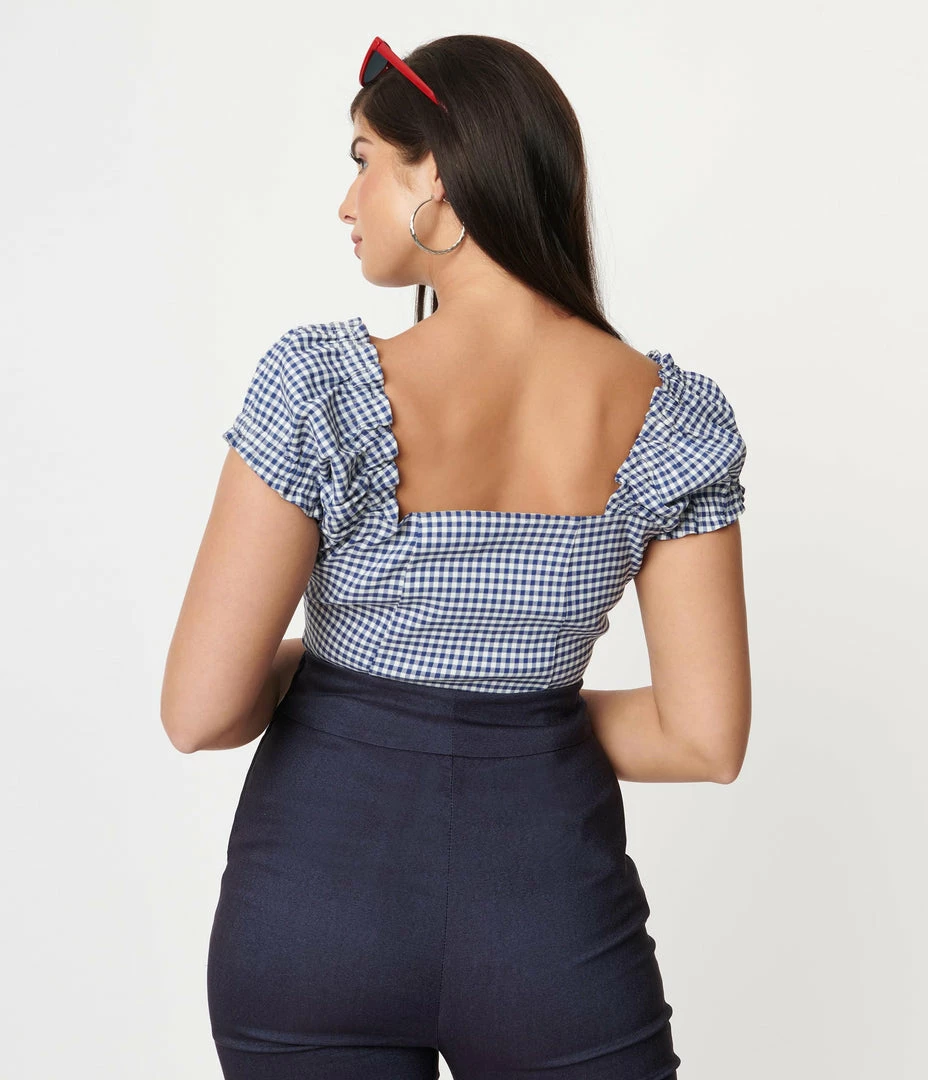 Unique Vintage Blue Gingham Print Loretta Top Sale