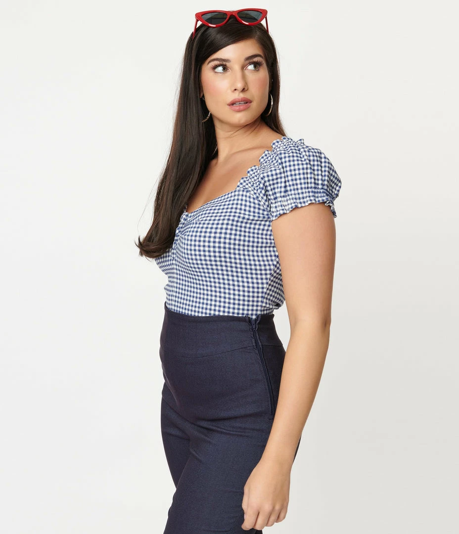 Unique Vintage Blue Gingham Print Loretta Top Sale