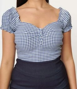 Unique Vintage Blue Gingham Print Loretta Top Sale