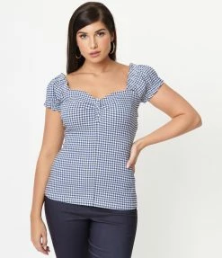 Unique Vintage Blue Gingham Print Loretta Top Sale