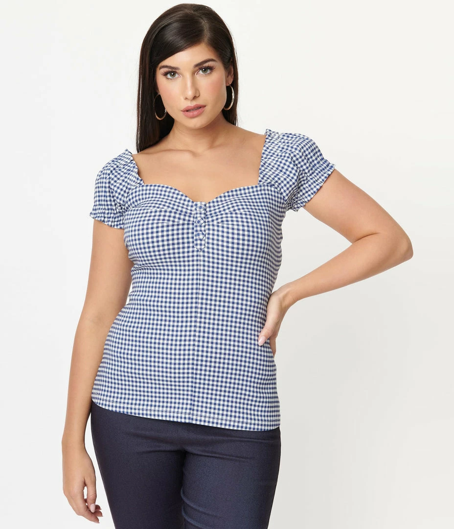 Unique Vintage Blue Gingham Print Loretta Top Sale