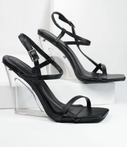 In Touch Footwear Black Leatherette & Clear Lucite Sandal Wedges Heels & Wedges