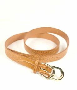 FAME Accessories Belts Tan Crocodile Leatherette Double Buckle Belt
