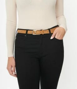 FAME Accessories Belts Tan Crocodile Leatherette Double Buckle Belt