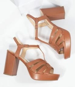 Demfon International (Chelsea Crew) Heels & Wedges Chelsea Crew Tan Leather Dolce Platform T-Strap Heels