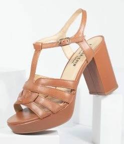 Demfon International (Chelsea Crew) Heels & Wedges Chelsea Crew Tan Leather Dolce Platform T-Strap Heels