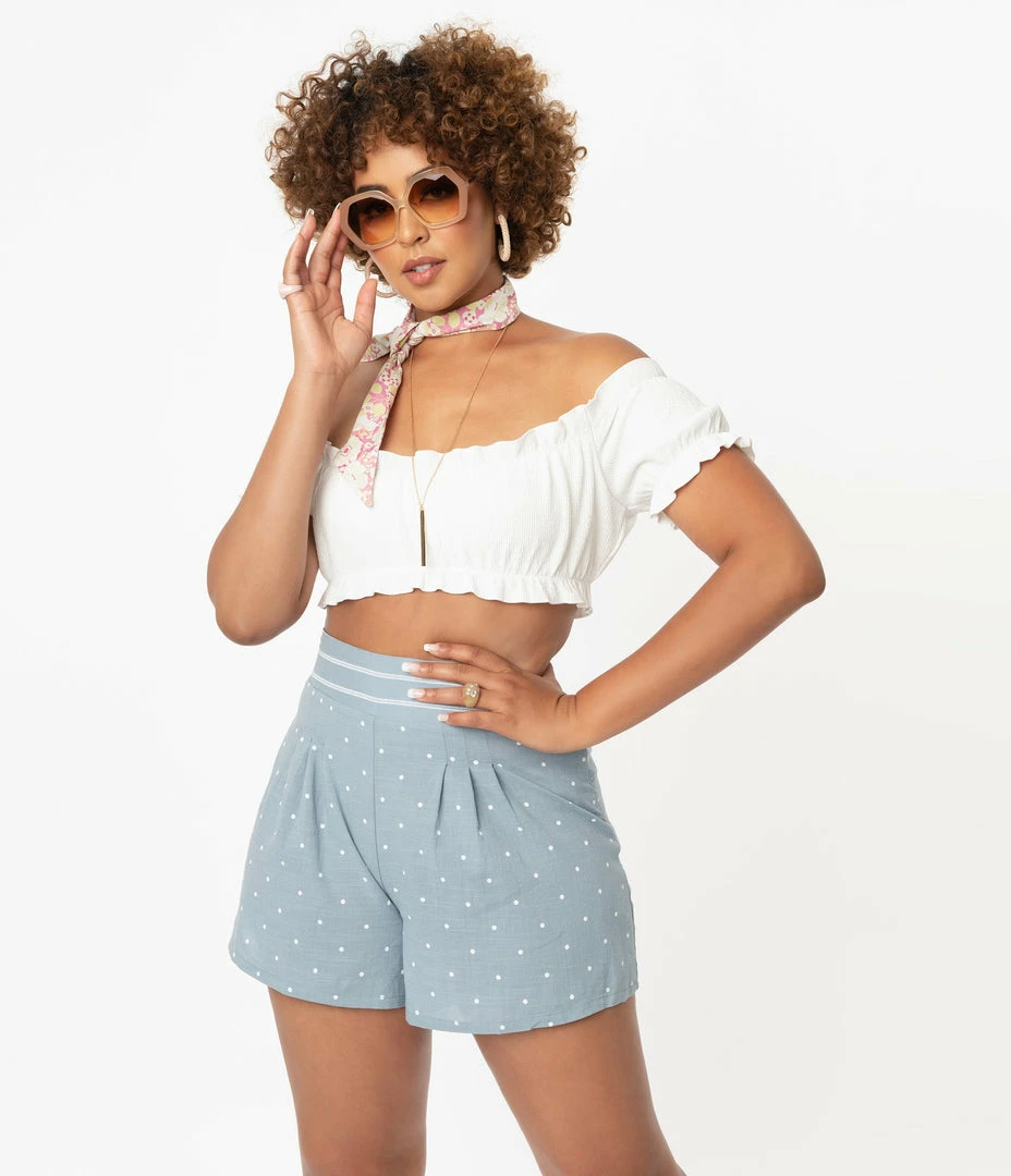 Davi & Dani Chambray & White Polka Dot Shorts Sale