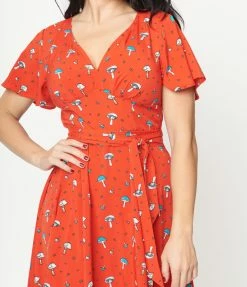 Unique Vintage Red & Mushroom Print Kay Swing Dress Sale
