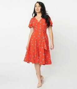 Unique Vintage Red & Mushroom Print Kay Swing Dress Sale
