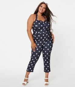 Unique Vintage Plus Size Denim & Daisy Print Halter Marcel Jumpsuit Rompers & Jumpsuits