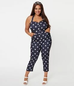 Unique Vintage Plus Size Denim & Daisy Print Halter Marcel Jumpsuit Rompers & Jumpsuits