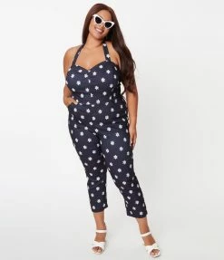 Unique Vintage Plus Size Denim & Daisy Print Halter Marcel Jumpsuit Rompers & Jumpsuits