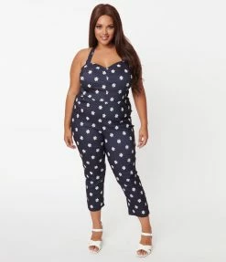 Unique Vintage Plus Size Denim & Daisy Print Halter Marcel Jumpsuit Rompers & Jumpsuits