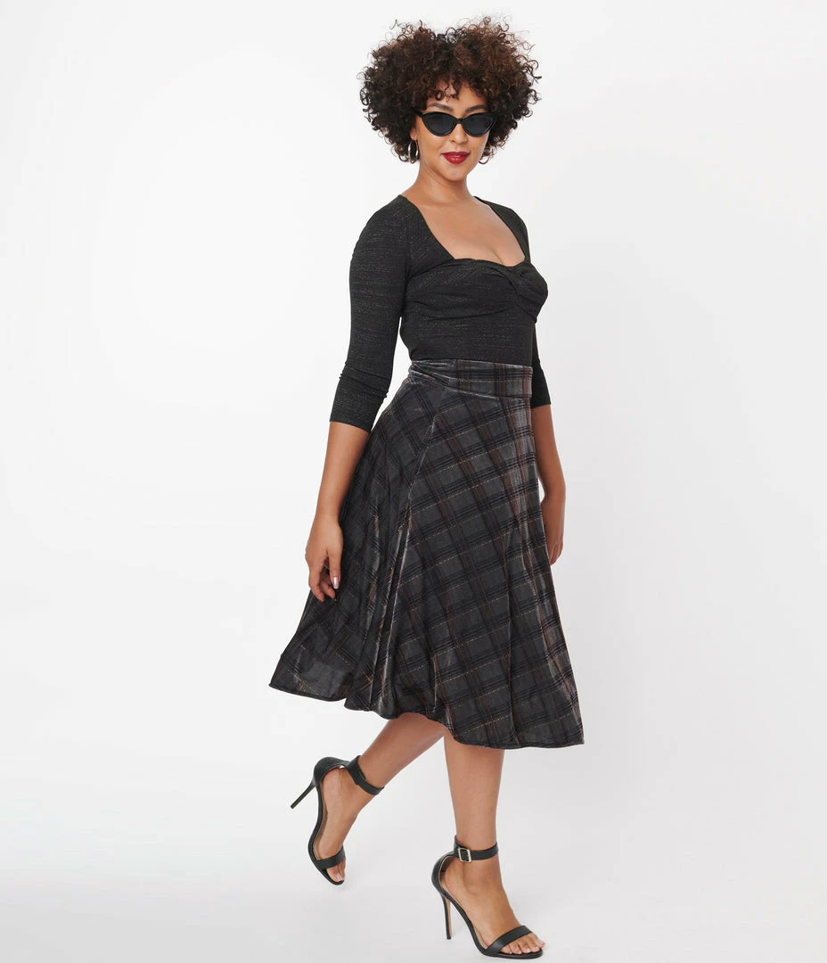 Unique Vintage Blue Plaid Velvet Vivien Swing Skirt Sale