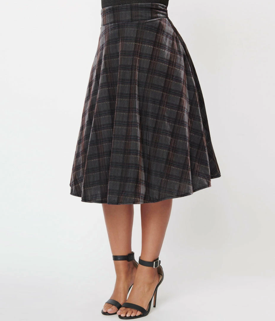 Unique Vintage Blue Plaid Velvet Vivien Swing Skirt Sale
