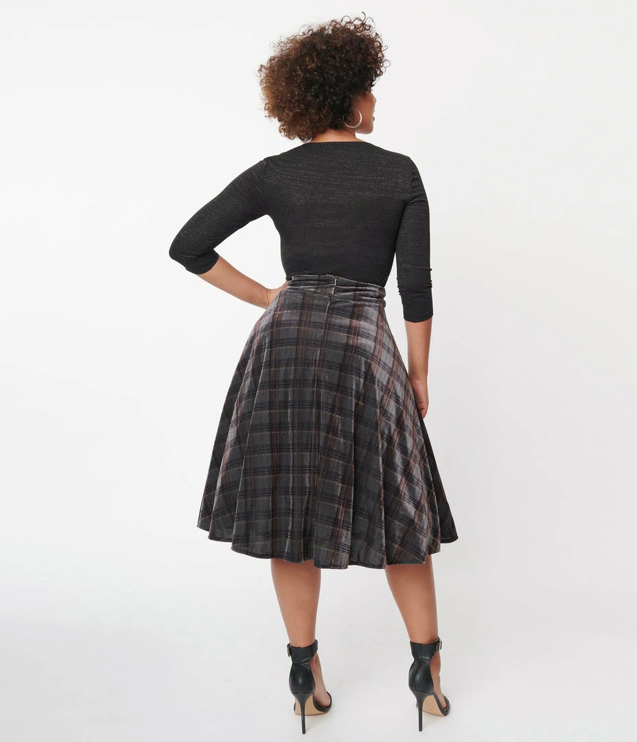 Unique Vintage Blue Plaid Velvet Vivien Swing Skirt Sale