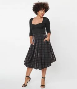Unique Vintage Blue Plaid Velvet Vivien Swing Skirt Sale