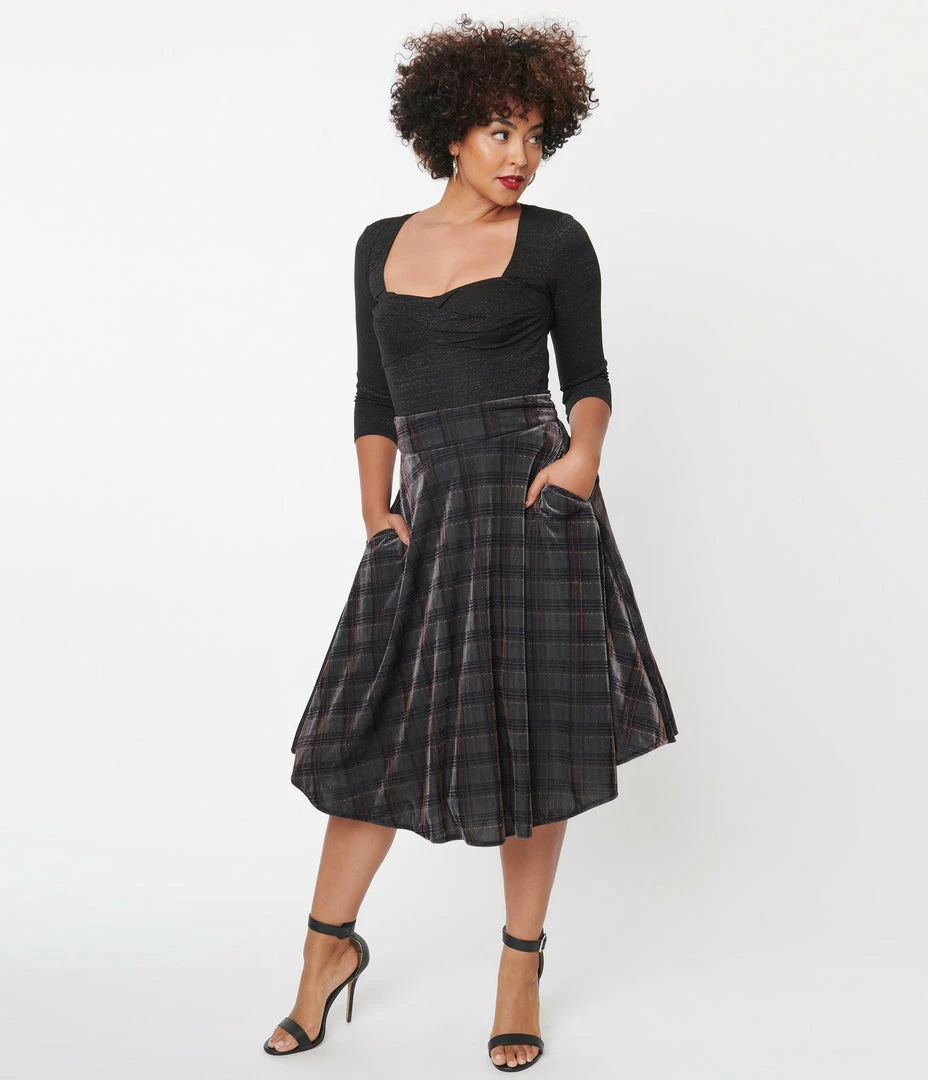 Unique Vintage Blue Plaid Velvet Vivien Swing Skirt Sale