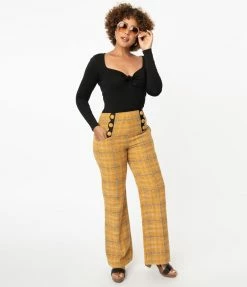 Unique Vintage Mustard Plaid Wide Leg Rogers Pants Sale