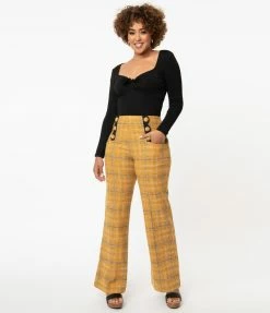 Unique Vintage Mustard Plaid Wide Leg Rogers Pants Sale