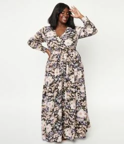 Sale Unique Vintage Plus Size Black & Pink Floral Farrah Maxi Dress