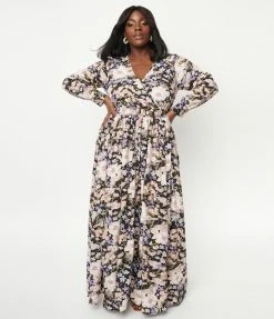 Sale Unique Vintage Plus Size Black & Pink Floral Farrah Maxi Dress