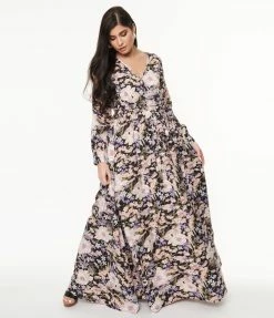 Sale Unique Vintage Black & Pink Floral Print Farrah Maxi Dress