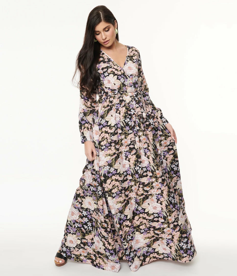 Sale Unique Vintage Black & Pink Floral Print Farrah Maxi Dress