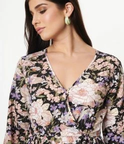 Sale Unique Vintage Black & Pink Floral Print Farrah Maxi Dress