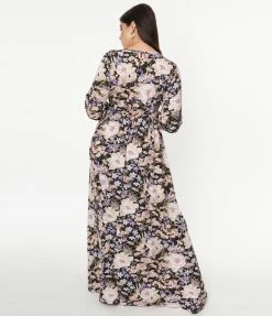Sale Unique Vintage Black & Pink Floral Print Farrah Maxi Dress