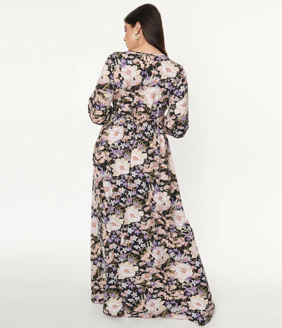 Sale Unique Vintage Black & Pink Floral Print Farrah Maxi Dress