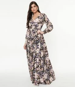 Sale Unique Vintage Black & Pink Floral Print Farrah Maxi Dress
