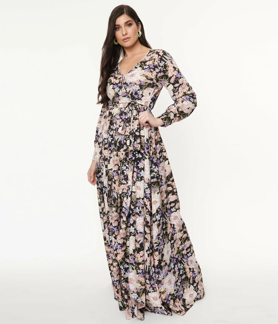 Sale Unique Vintage Black & Pink Floral Print Farrah Maxi Dress