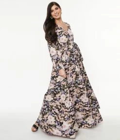 Sale Unique Vintage Black & Pink Floral Print Farrah Maxi Dress
