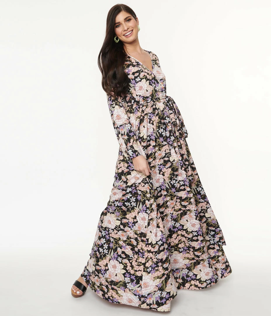 Sale Unique Vintage Black & Pink Floral Print Farrah Maxi Dress