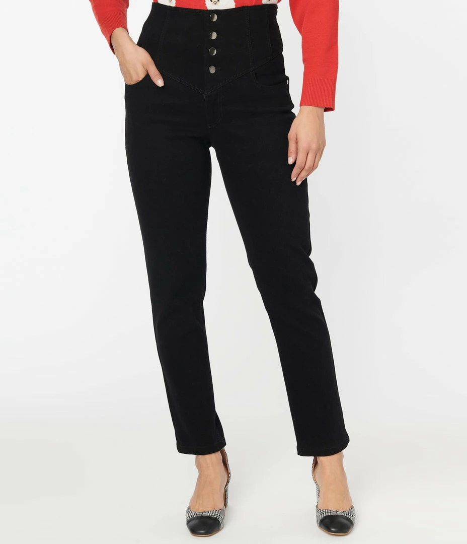 Unique Vintage Black Denim High Waist Fisher Jeans