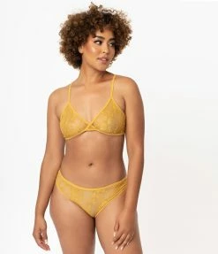 No Less Than Lingerie & Shapewear Mustard Sheer Lace Cheeky Underwear