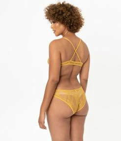 No Less Than Lingerie & Shapewear Mustard Sheer Lace Cheeky Underwear