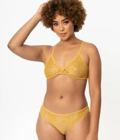 No Less Than Lingerie & Shapewear Mustard Sheer Lace Cheeky Underwear